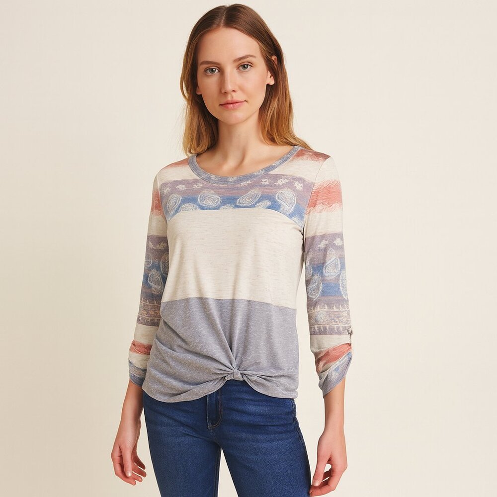 Signature Studio NEW Paisley Soft Knit Colorblock 3/4 Sleeve American Top Size S
